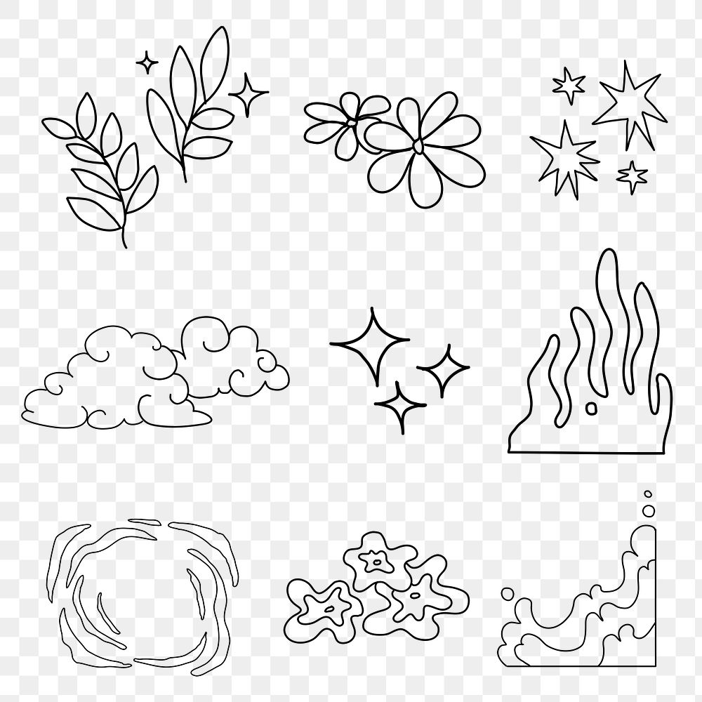 Nature png collage elements, doodle design collection, transparent background