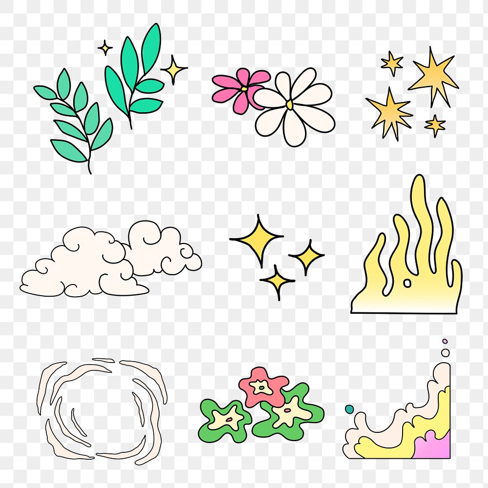 Doodle png colorful nature collage element set, transparent background