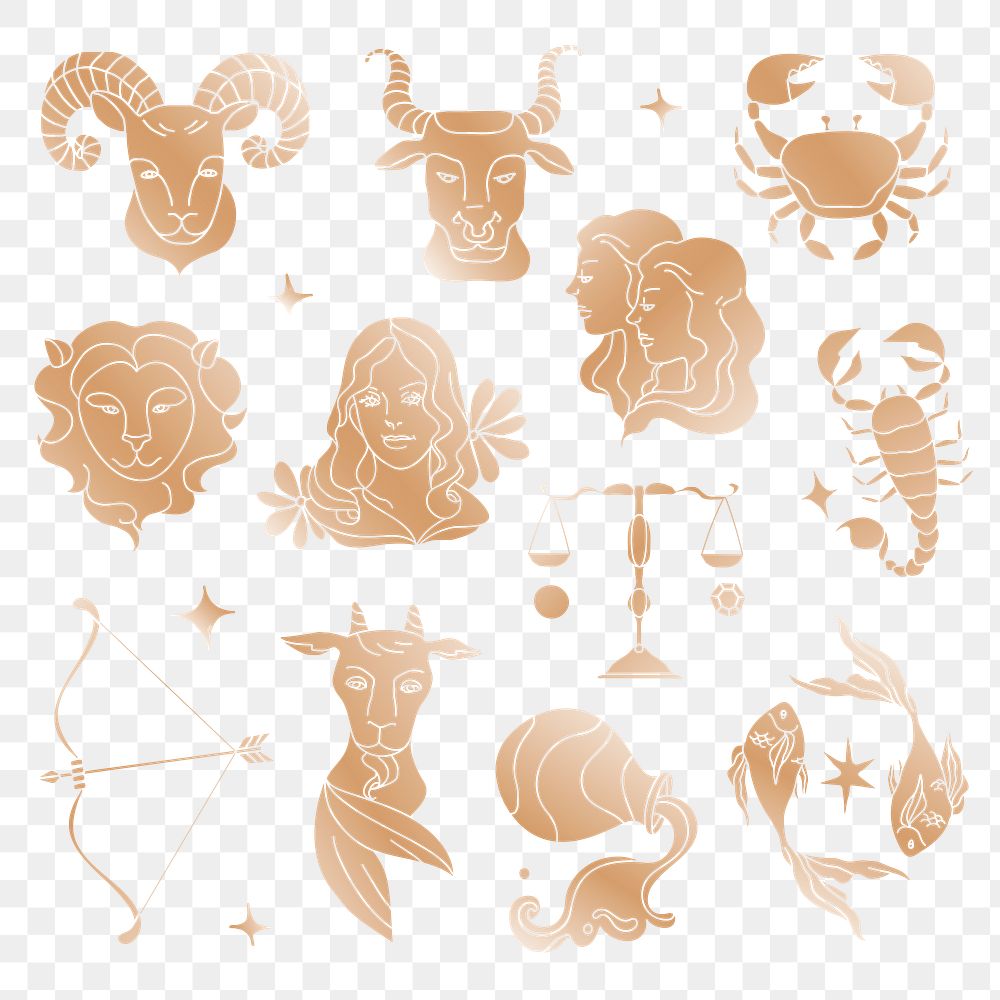 Zodiac signs png collage element set, gold design in transparent background