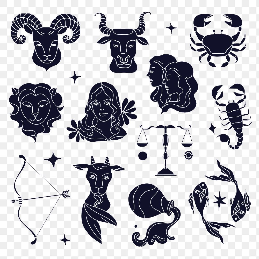 Horoscope signs png, transparent background, black collage element set