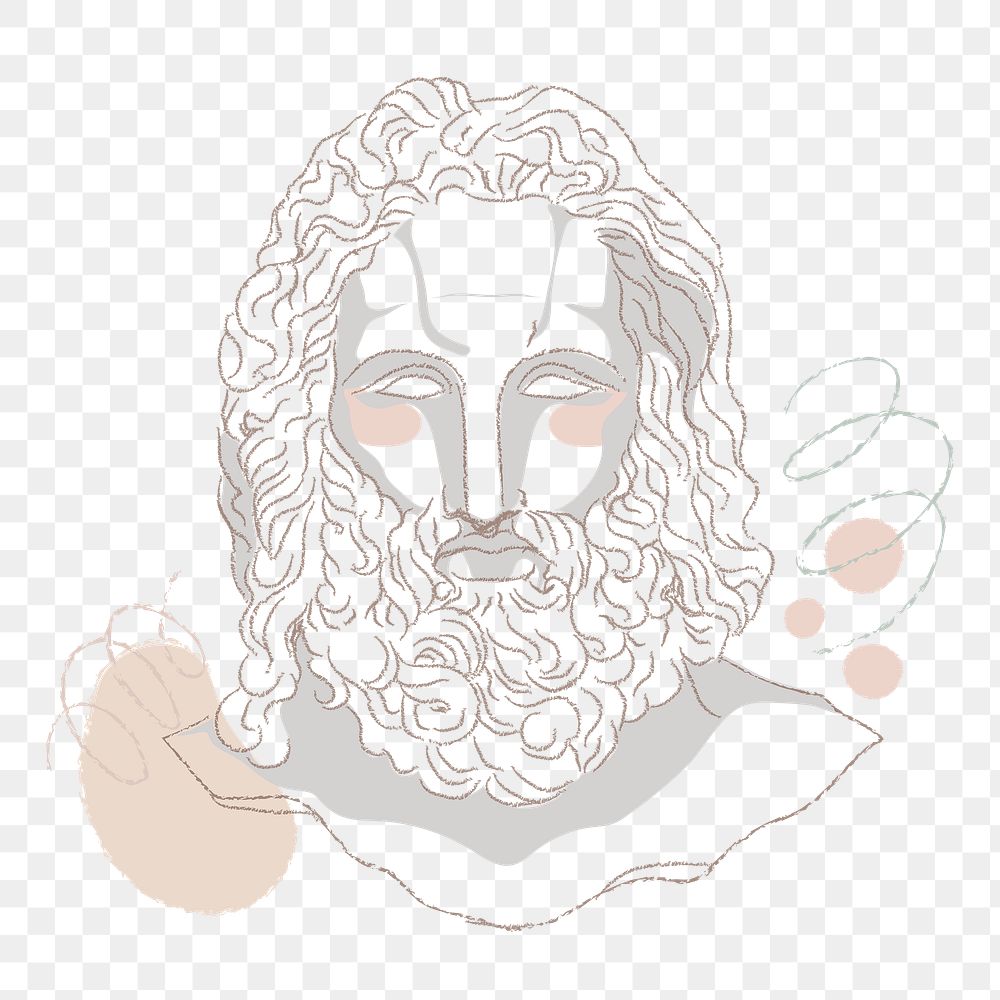 Zeus png sticker, feminine line art drawing, Greek statue on transparent background