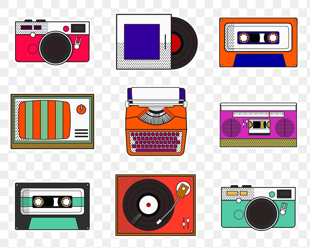 Funky vintage object pop art png sticker set