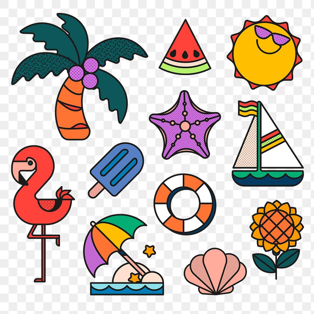 Beach vacation png sticker set, cute colorful designs, transparent background 