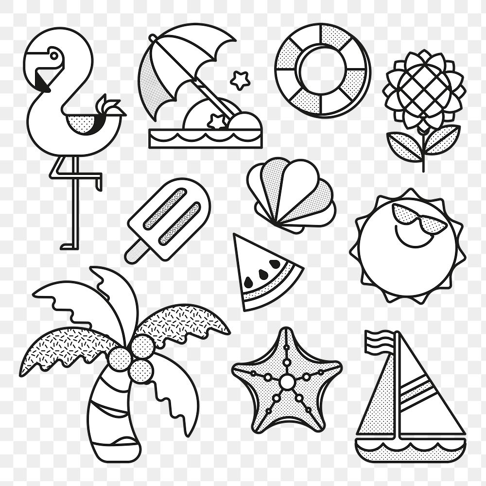 Beach vacation png stickers doodle design set, transparent background 