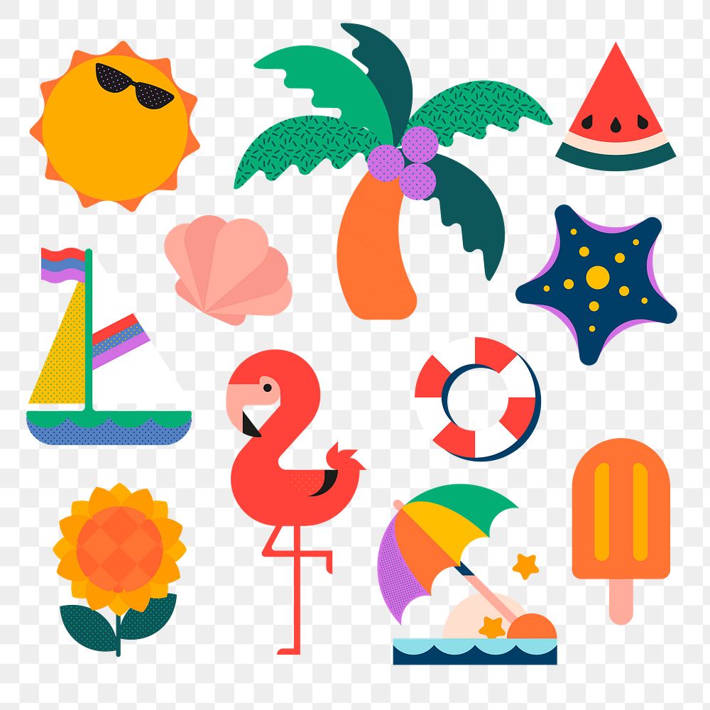 Beach vacation png sticker set, cute colorful designs, transparent background 