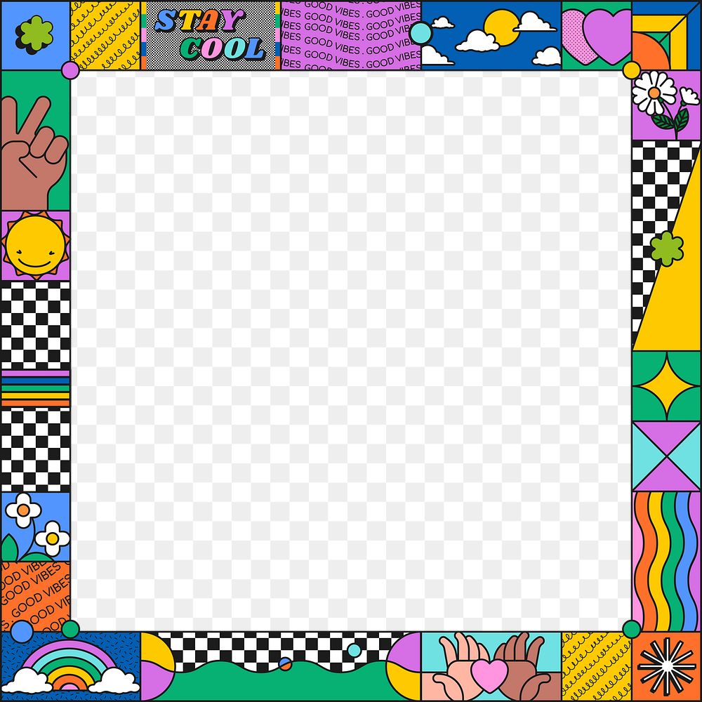 Cool 90s png frame, square colorful border, transparent background