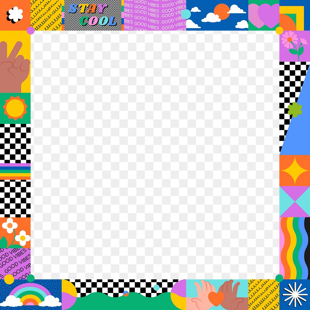 Cool 90s png frame, square colorful border, transparent background