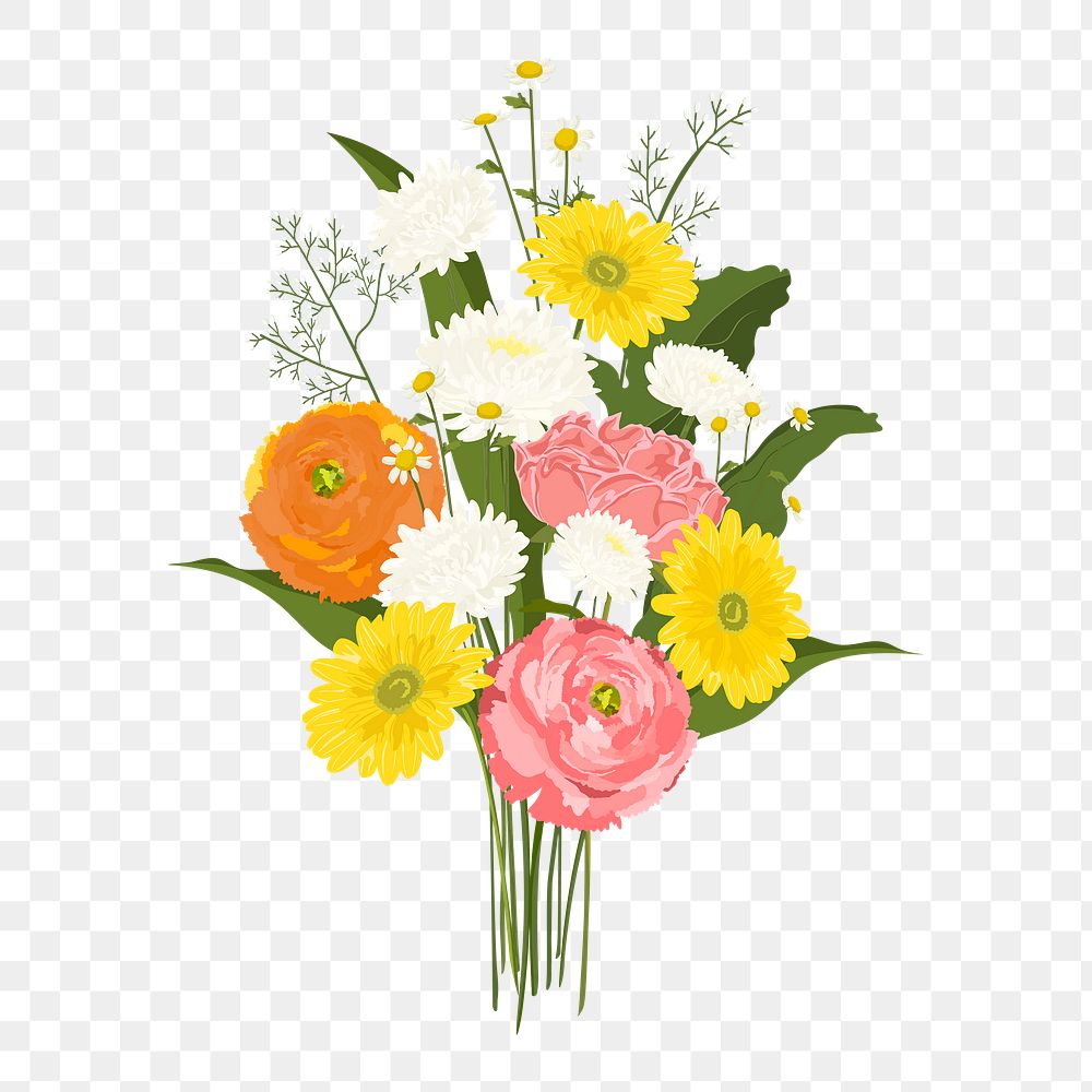 Colorful flower png bouquet clipart, realistic illustration on transparent background