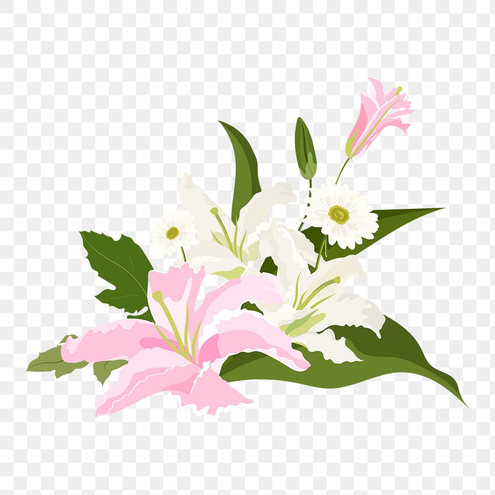 Wedding flower png arrangement clipart, daisy and lily on transparent background