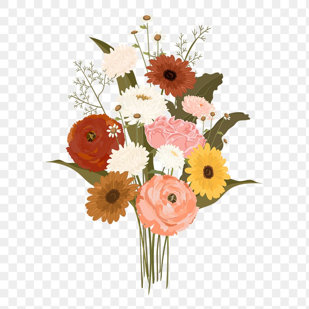 Pastel flower png bouquet clipart, realistic illustration on transparent background