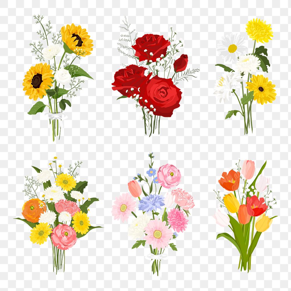 Flower bouquet png sticker, colorful wedding illustration set