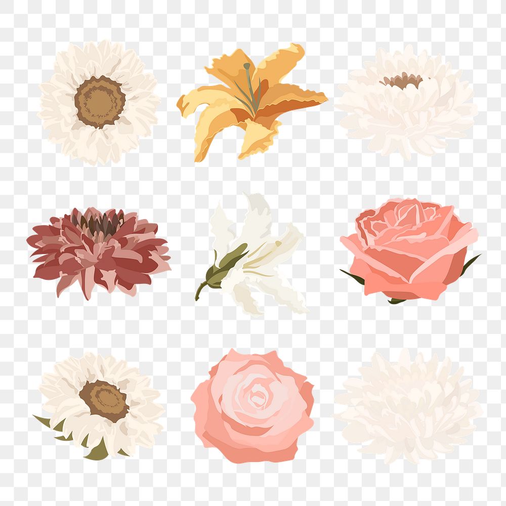 Pastel flower png sticker, realistic botanical illustration set