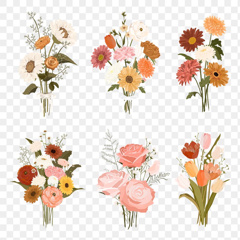 Flower bouquet png sticker, pastel wedding illustration set