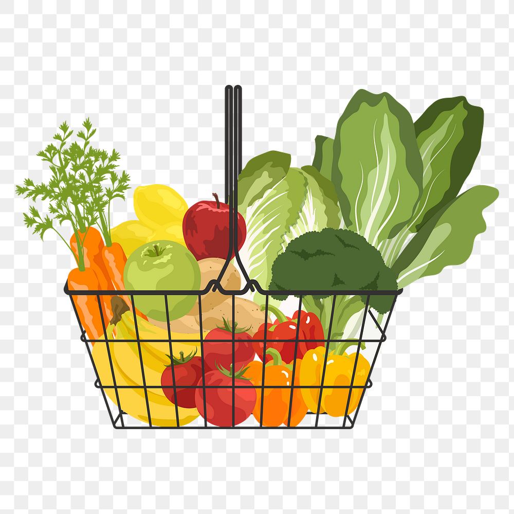 Vegetable shopping basket png sticker, realistic illustration, transparent background