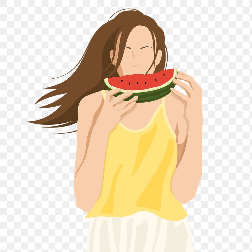 Woman eating watermelon png sticker, summer illustration