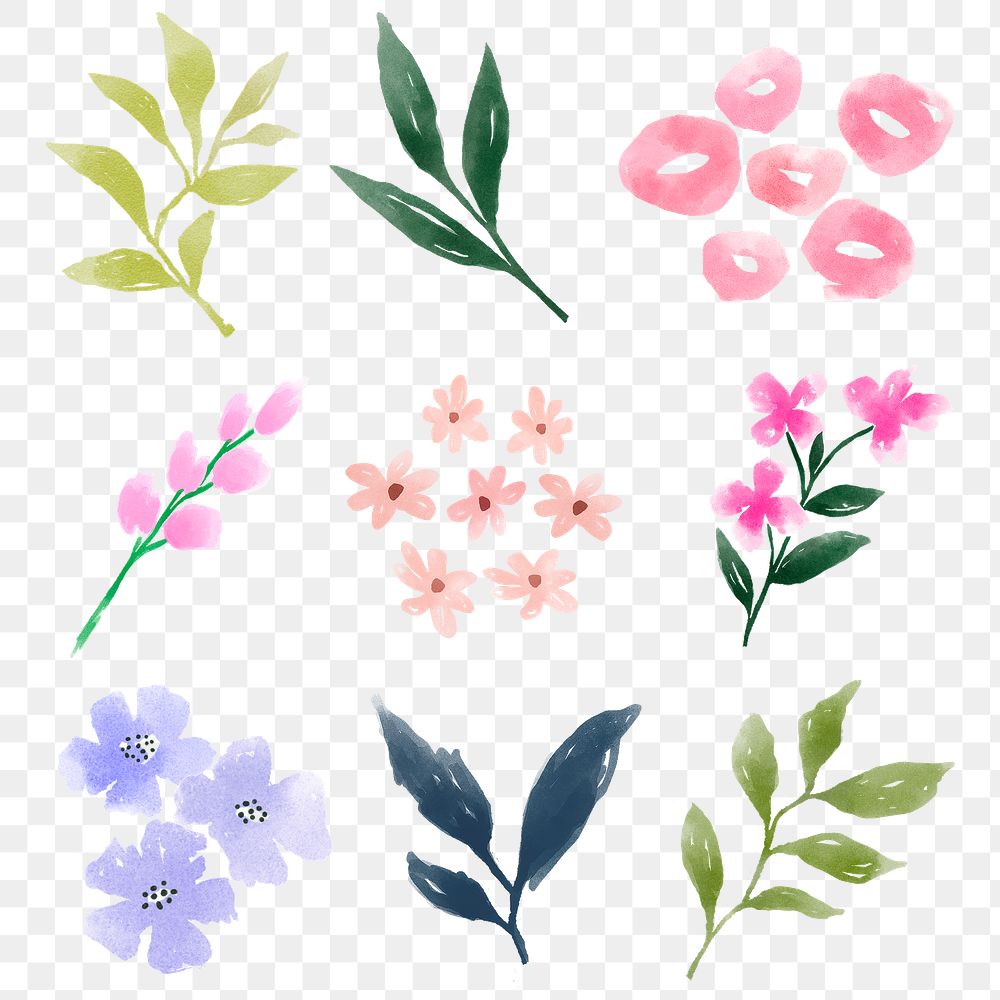 Flower & leaf png sticker, watercolor design set, transparent background