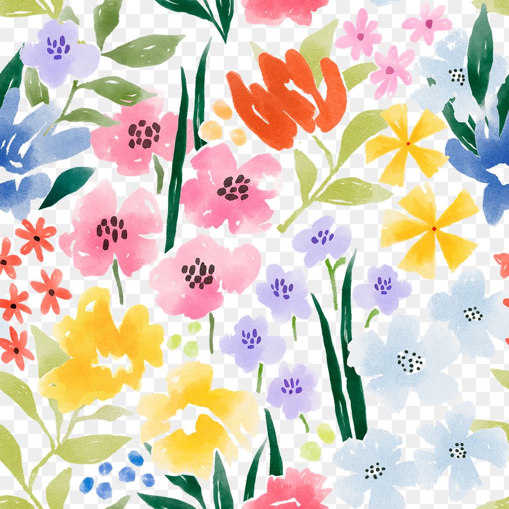 Spring flower png seamless pattern, floral watercolor transparent background