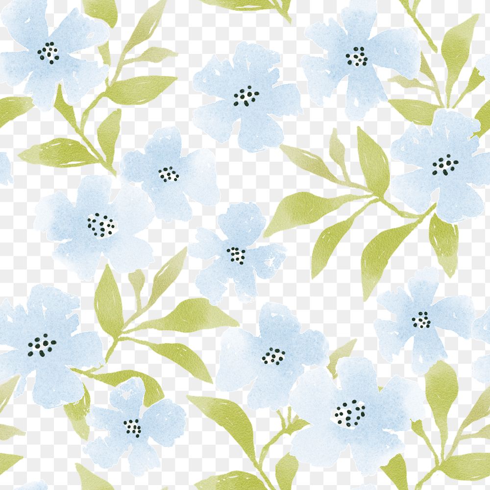 Blue flower png seamless pattern, floral watercolor transparent background