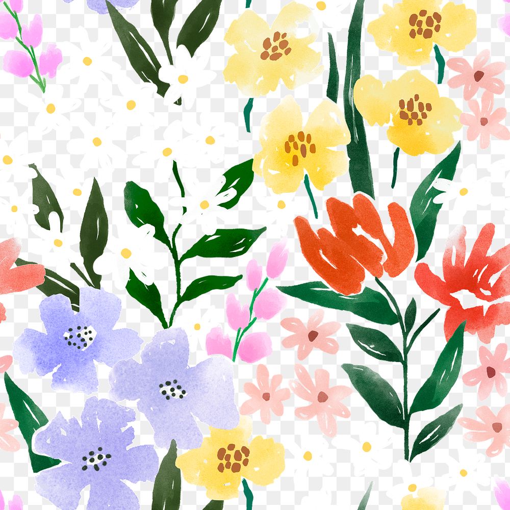 Colorful flower png seamless pattern, floral transparent background