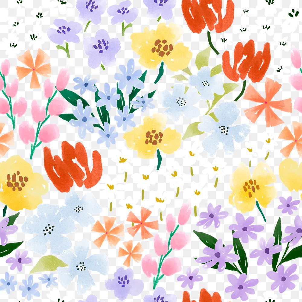 Spring flower png seamless pattern, floral watercolor transparent background
