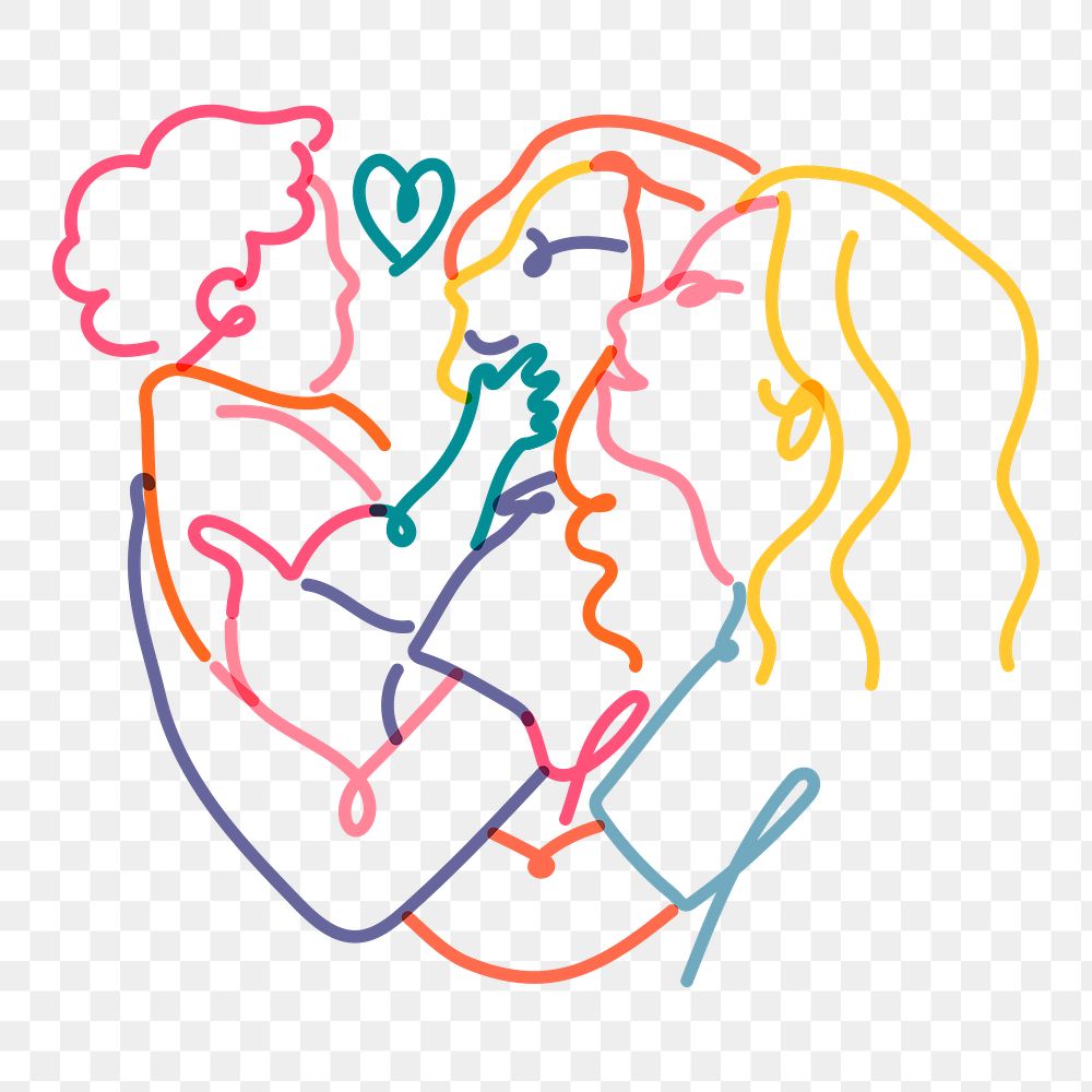 Lesbian family png clipart, LGBTQ line portrait illustration on transparent background