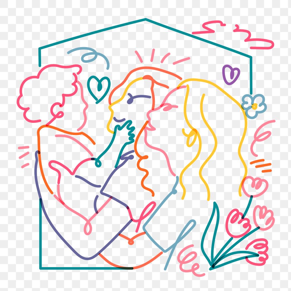 Lesbian family  png clipart, LGBTQ line portrait illustration on transparent background