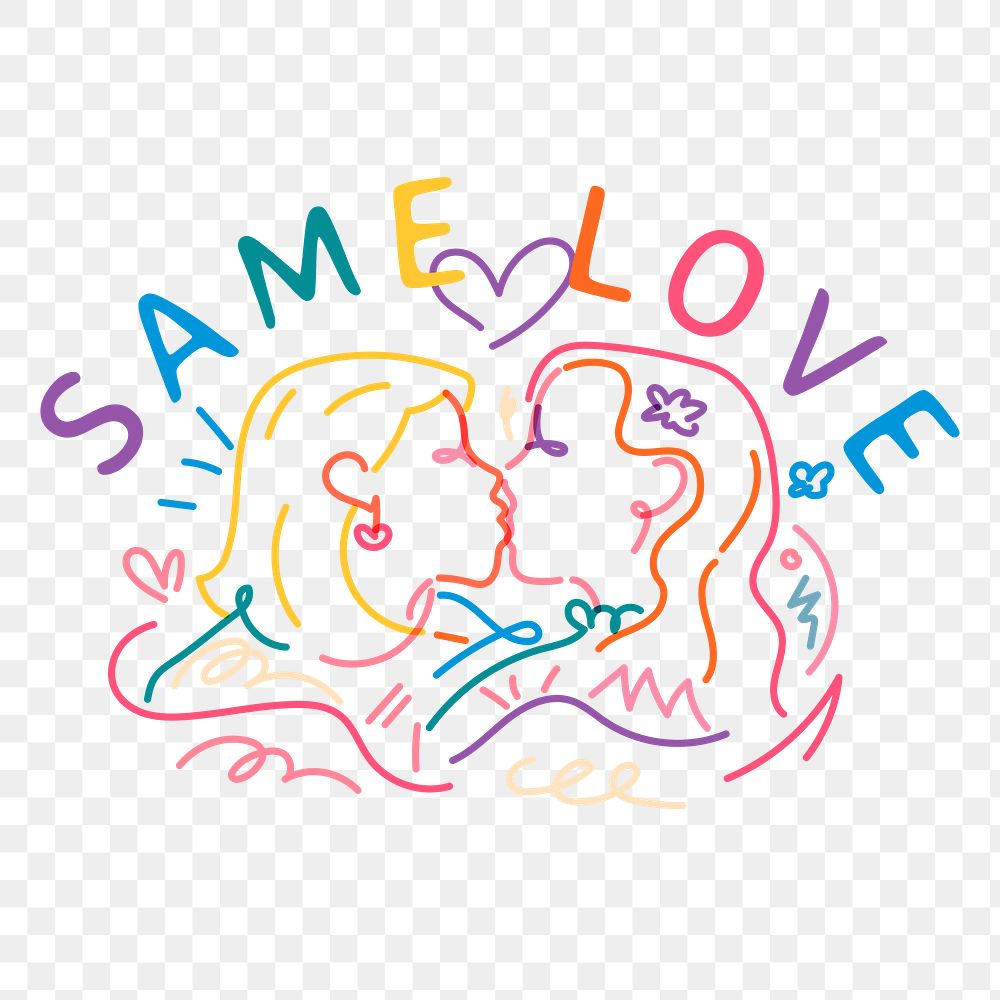 LGBTQ same love png sticker, lesbian couple kissing line art illustration