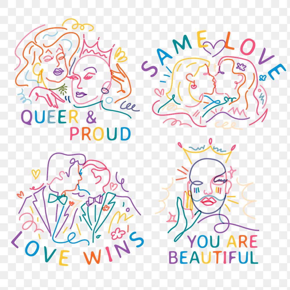 LGBTQ ally png  stickers, aesthetic line art illustration set on transparent background