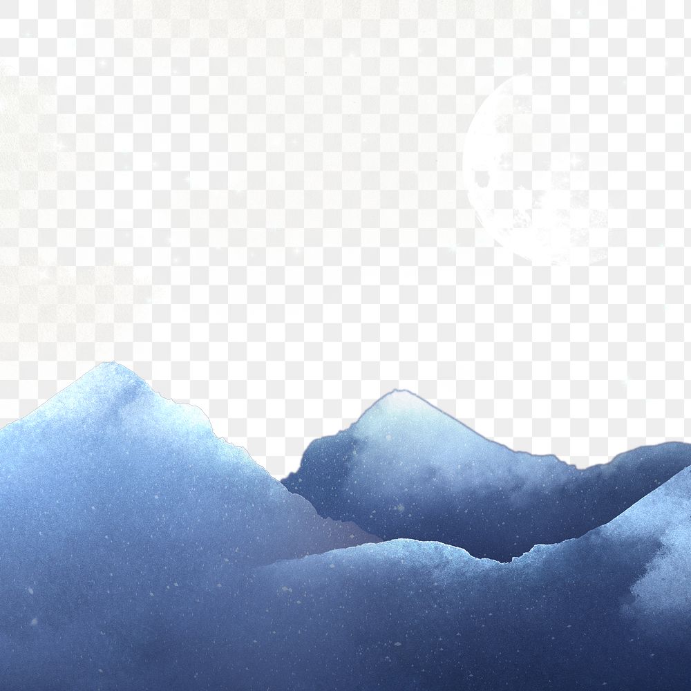 Winter full moon png, transparent background, blue watercolor sky illustration