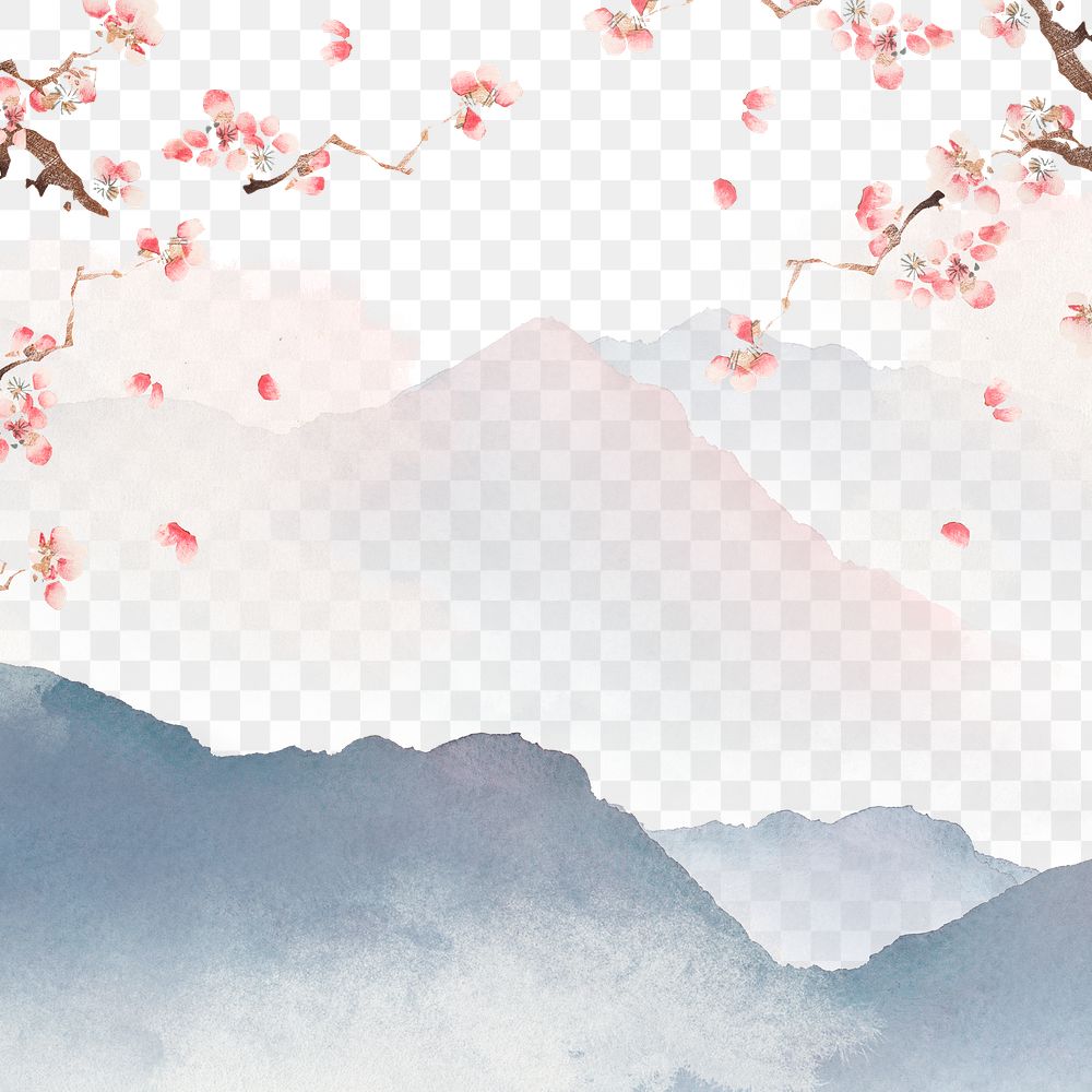 Japanese floral png, transparent background, watercolor mountain landscape illustration