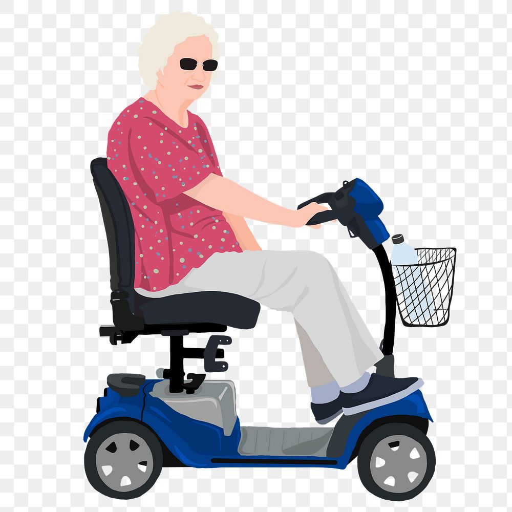 Png senior woman, scooter sticker illustration, transparent background
