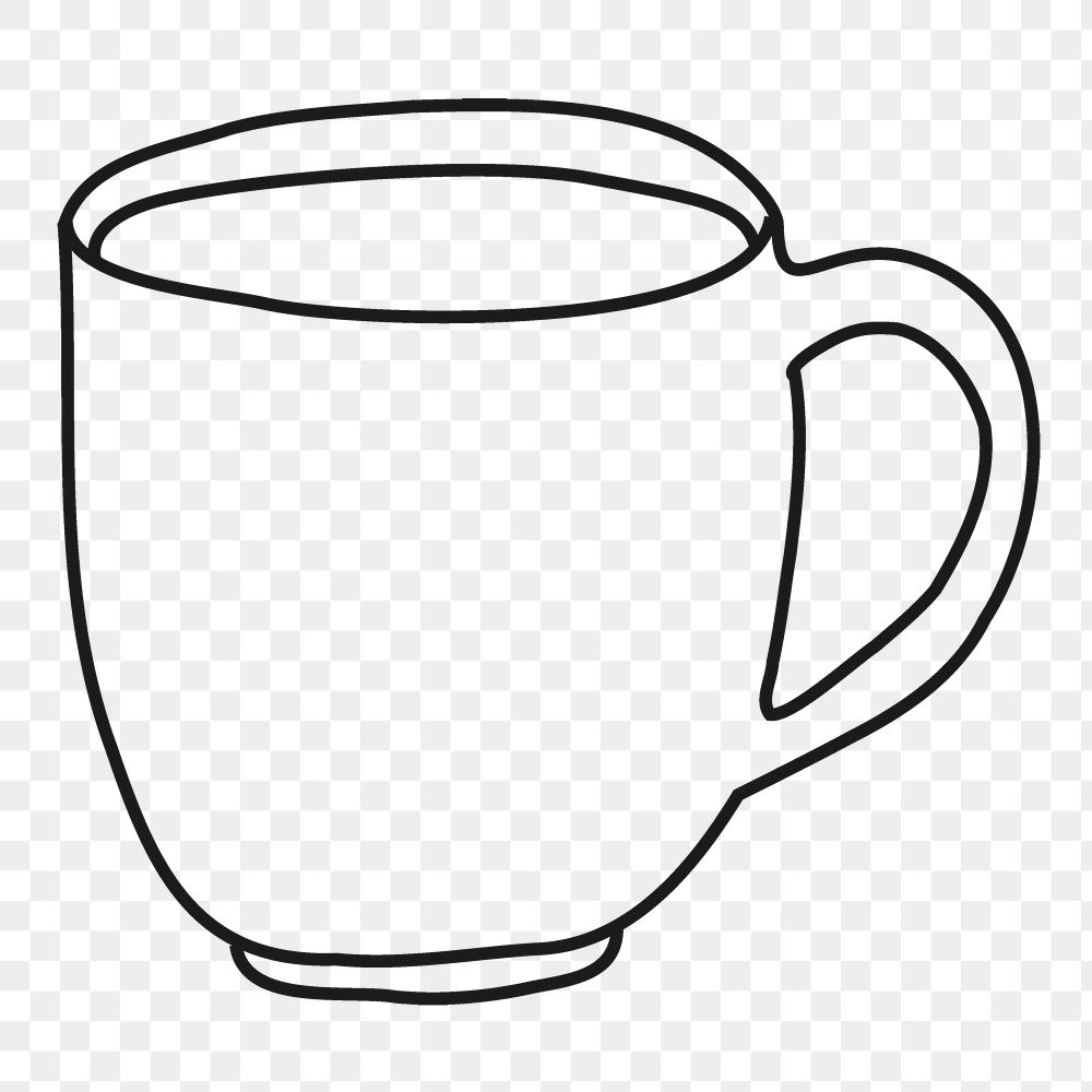 Coffee mug png sticker, beverage line art drawing on transparent background
