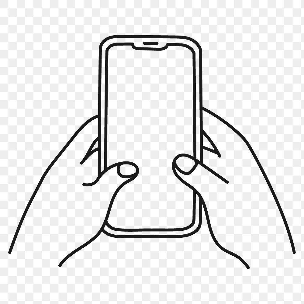 Png hand holding phone sticker, digital device doodle line art on transparent background