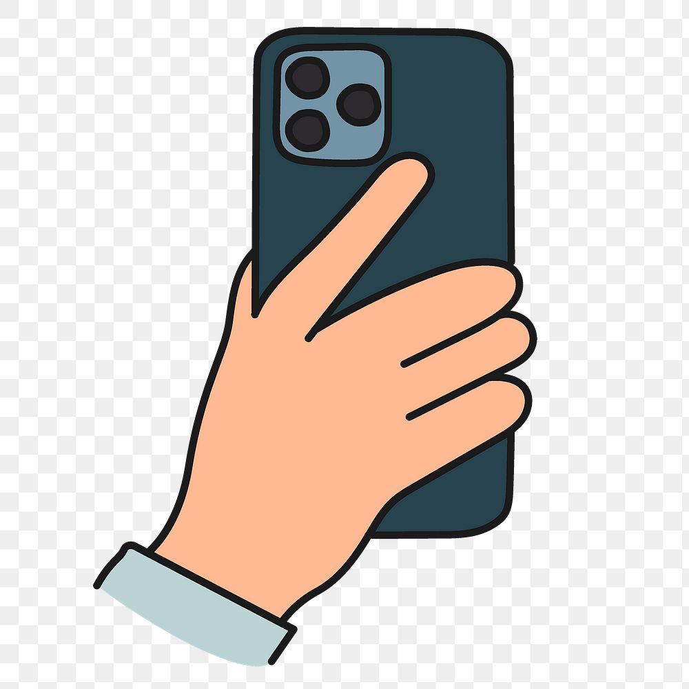Png hand holding phone sticker, digital device doodle on transparent background