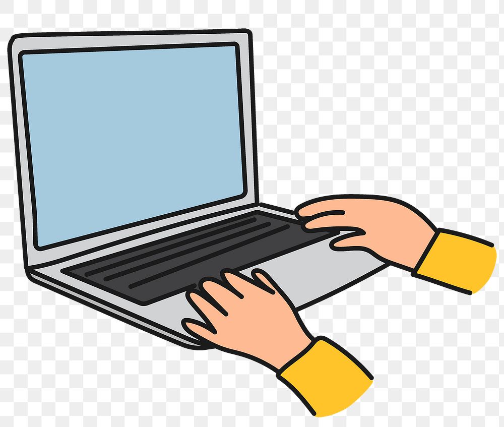 Png hand using laptop sticker, digital device doodle on transparent background