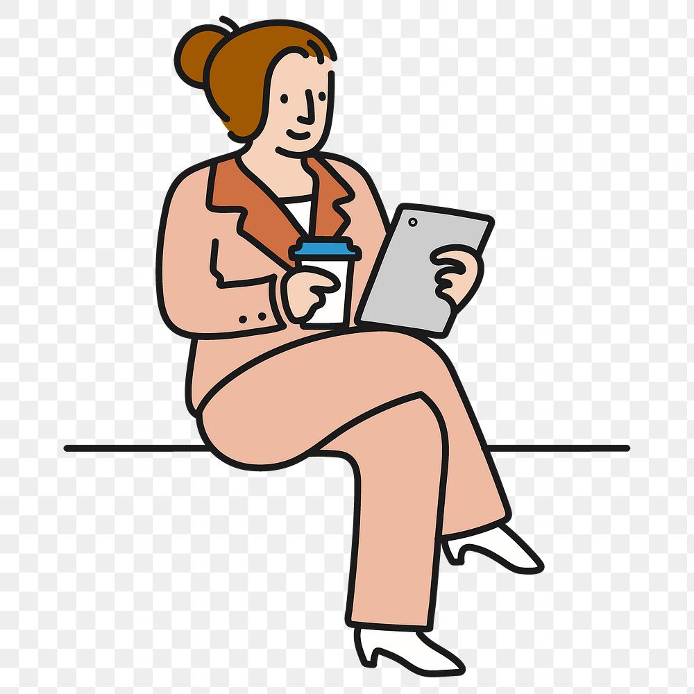 Png woman holding tablet sticker, morning routine character doodle on transparent background