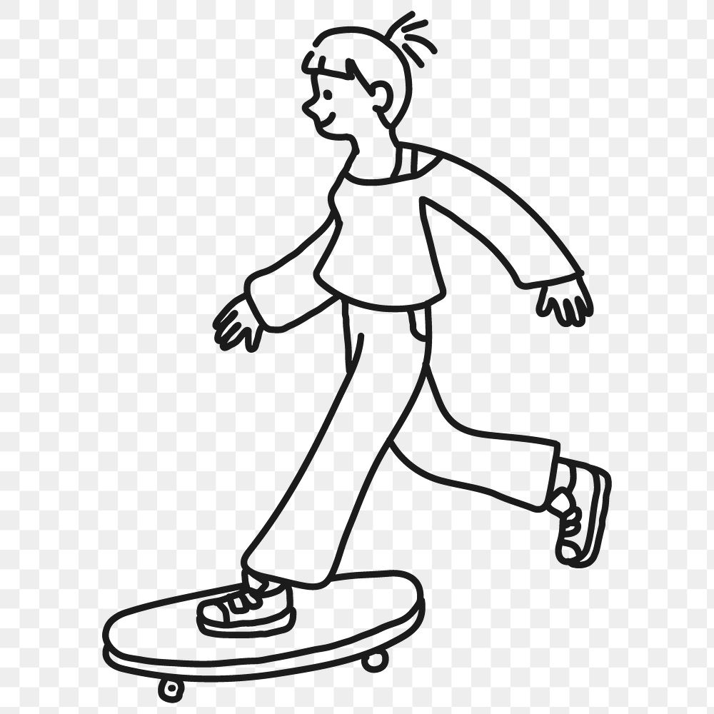 Girl skateboarder png sticker, sport doodle character line art on transparent background