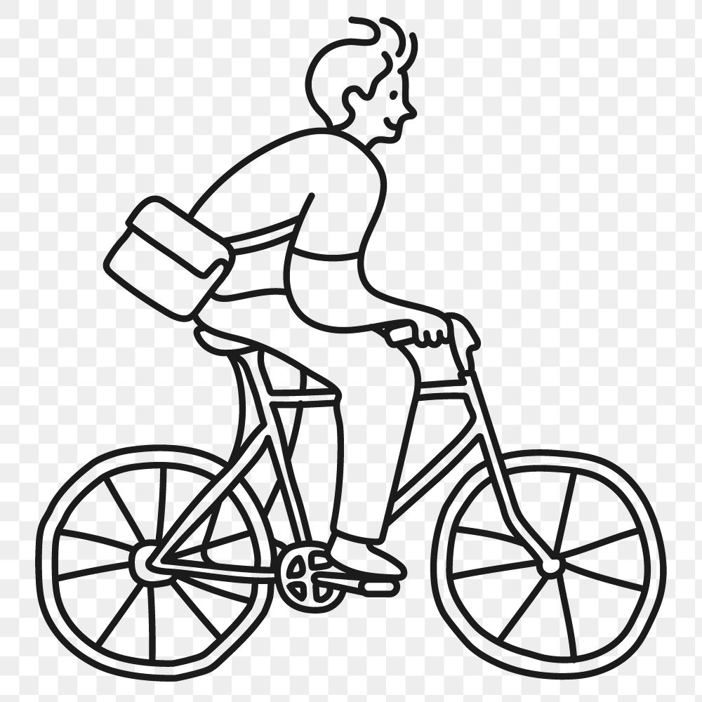 Man png riding bike sticker, sustainable lifestyle doodle character line art on transparent background