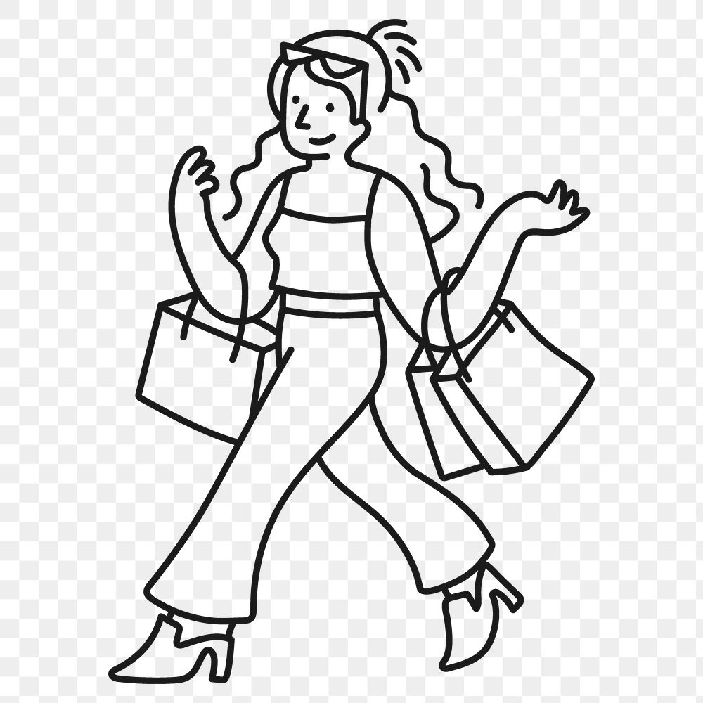 Shopping woman png sticker, hobby doodle character line art on transparent background