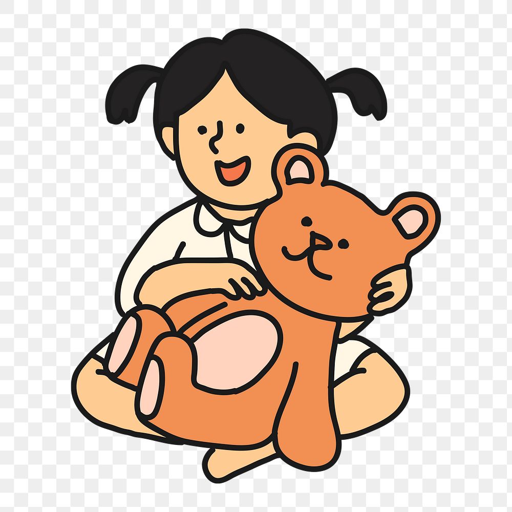 Png girl & teddy bear sticker, doll, transparent background