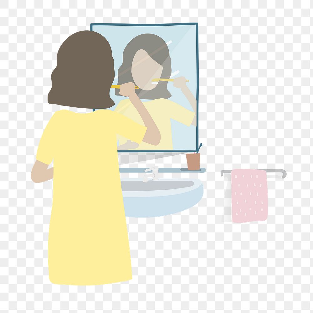 Woman brushing teeth png clipart, morning routine illustration