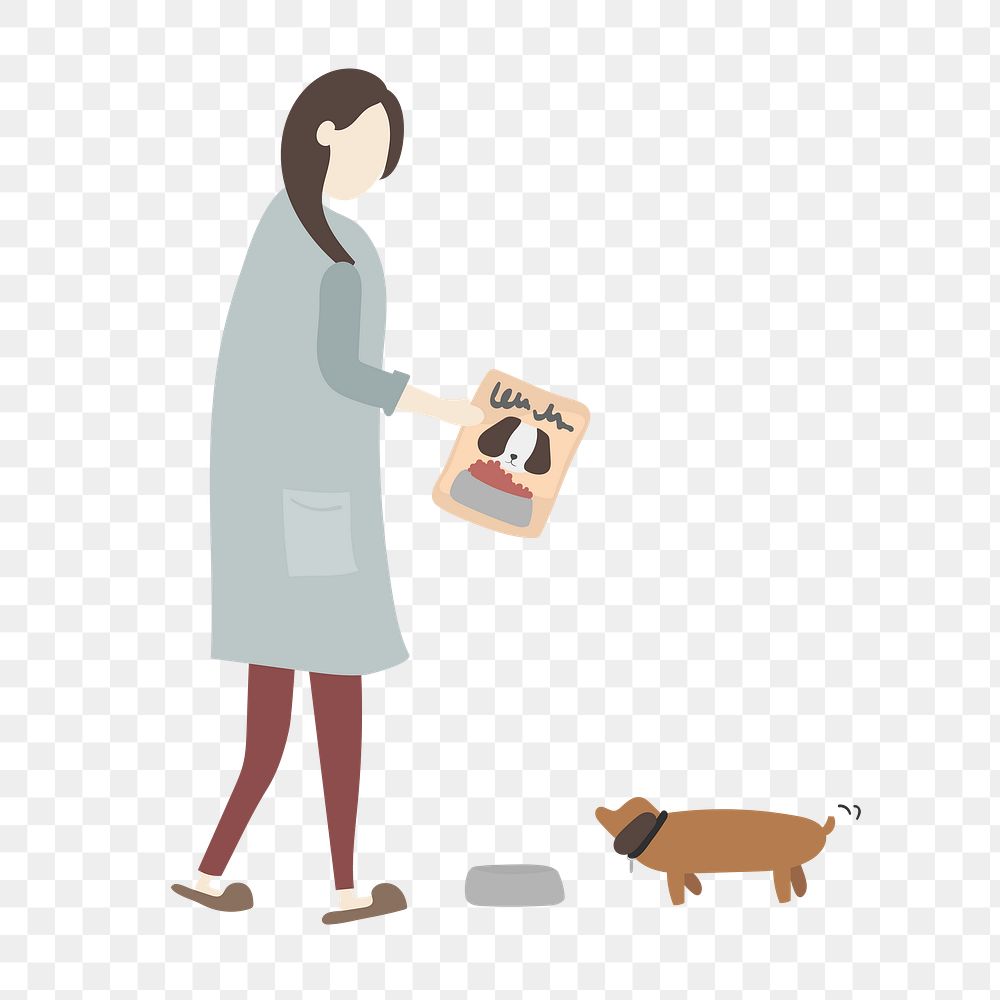Woman feeding dog png clipart, pet routine illustration