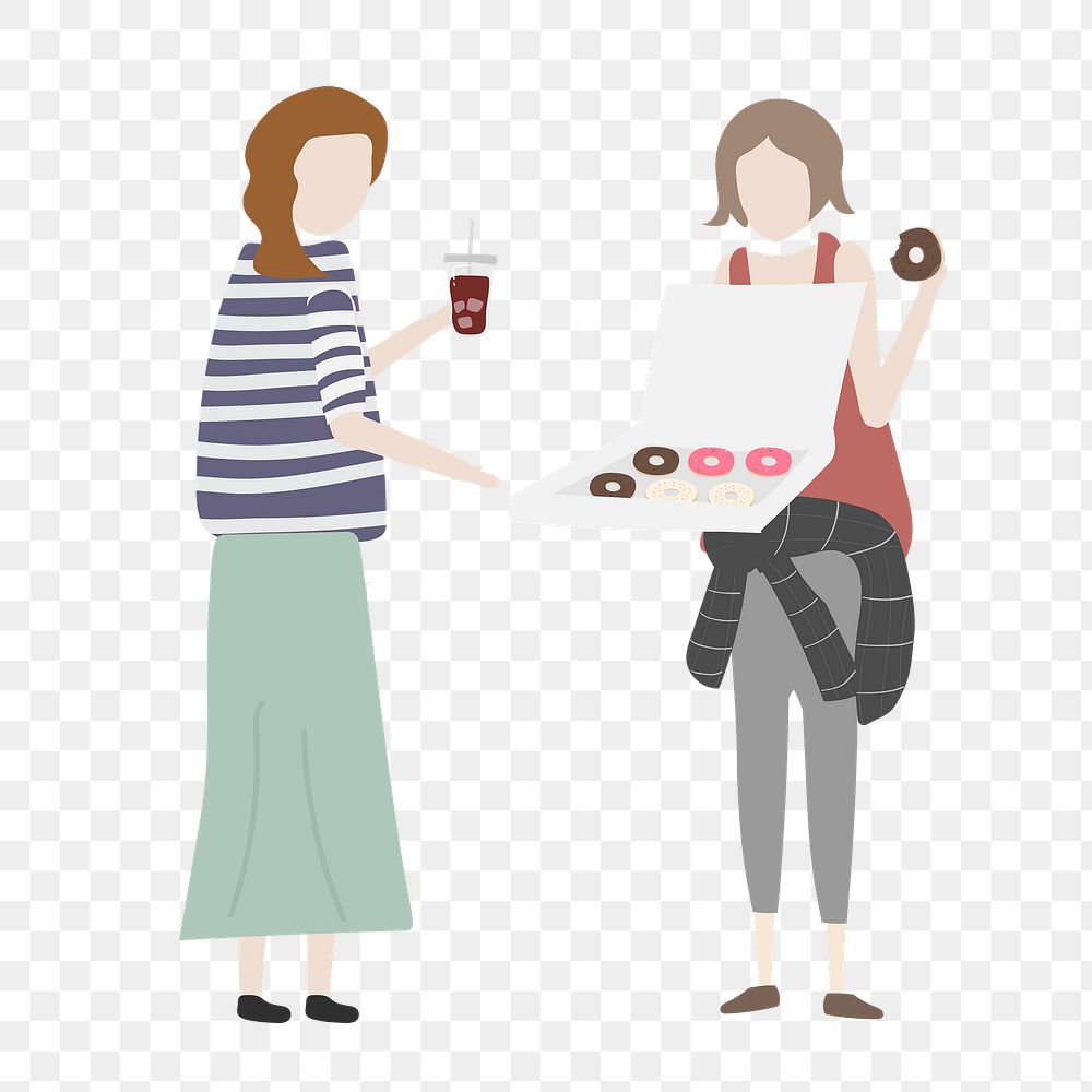 Friends hanging out  png clipart, eating donuts, cartoon illustration