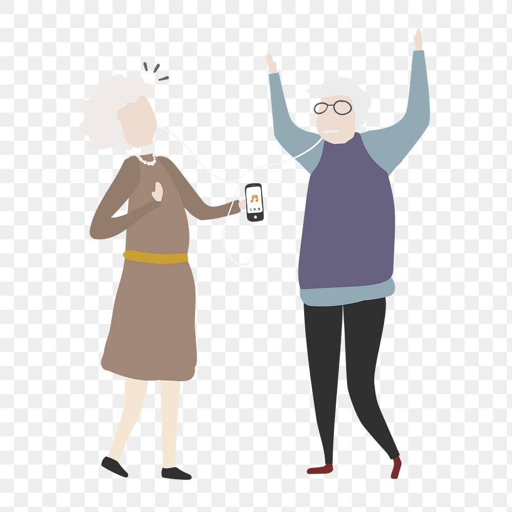 Old couple png dancing clipart, listening to music, cartoon illustration