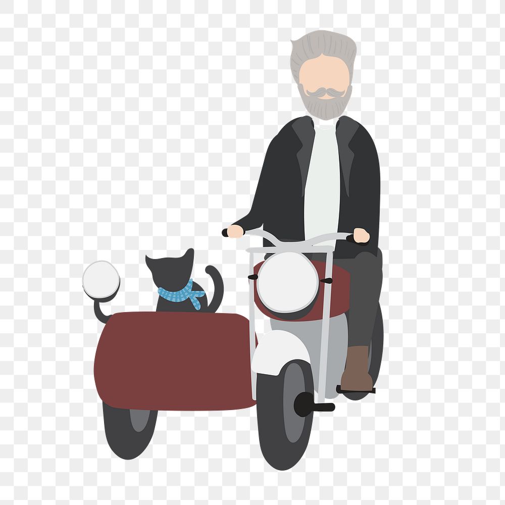 Old man riding motorcycle png clipart, cartoon illustration