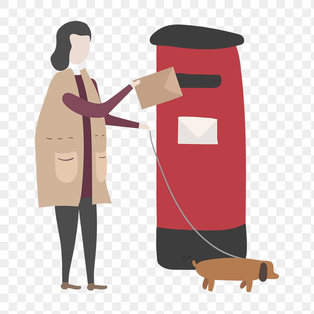 Woman png sending letter clipart, public mailbox illustration