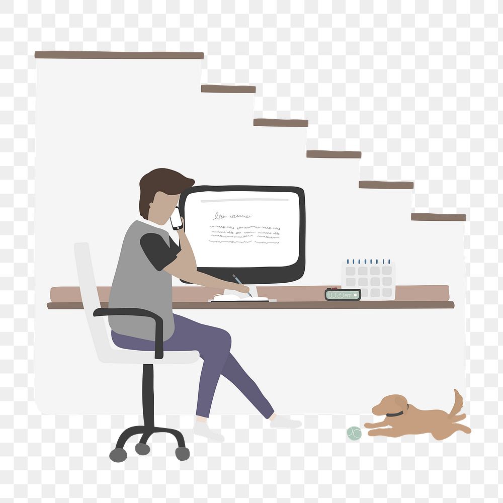 Man png using computer clipart, working from home, character illustration