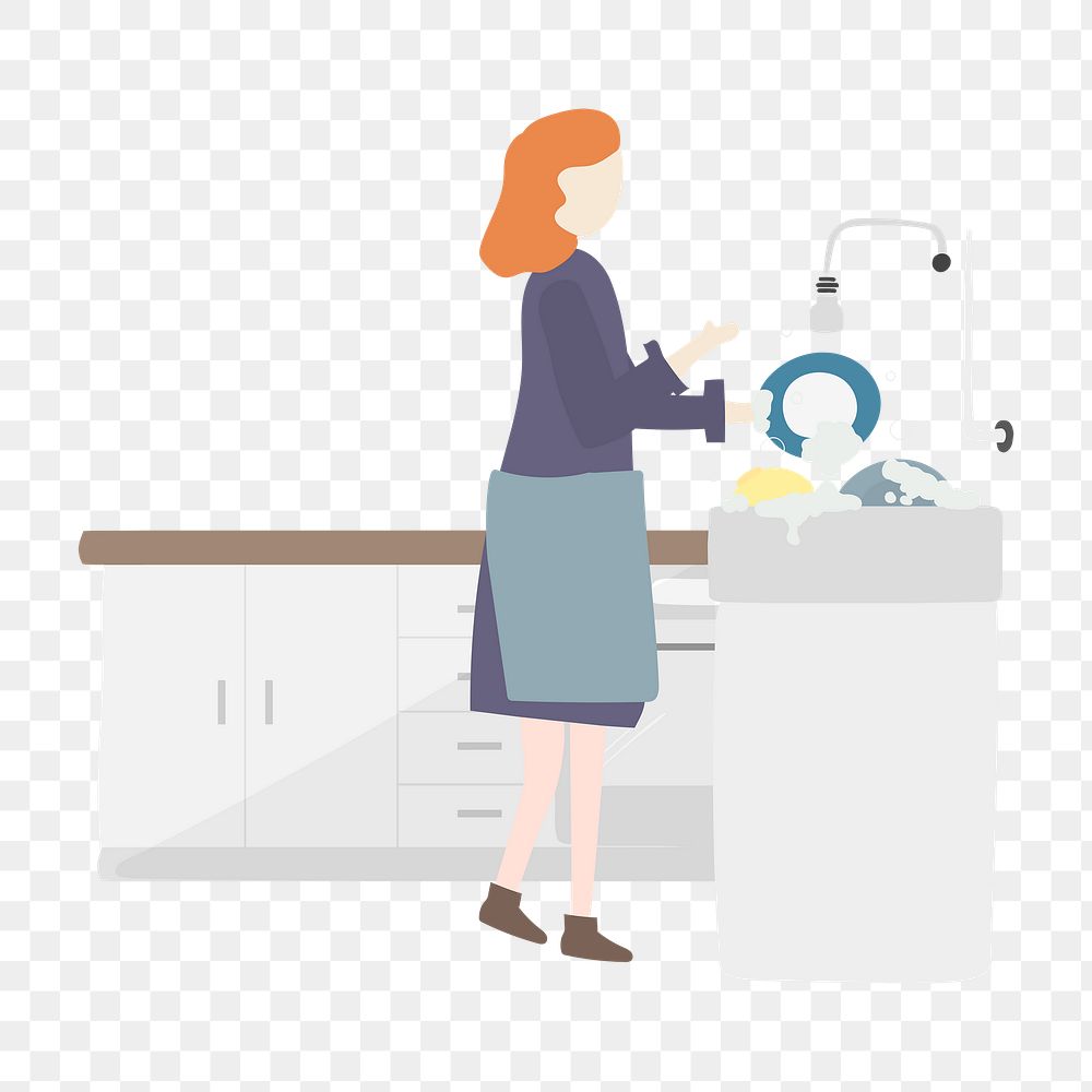 Woman png washing dishes clipart, house chore, housewife illustration