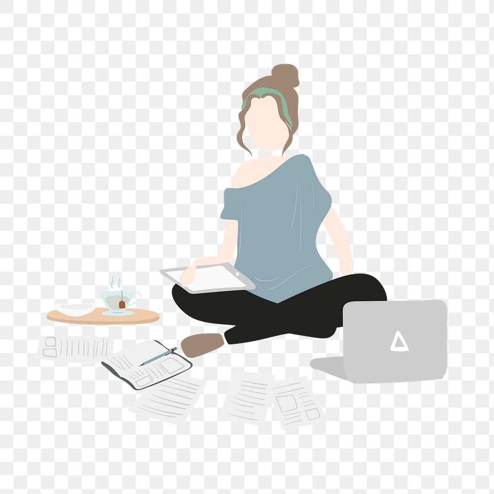Woman png using laptop clipart, working from home, character illustration