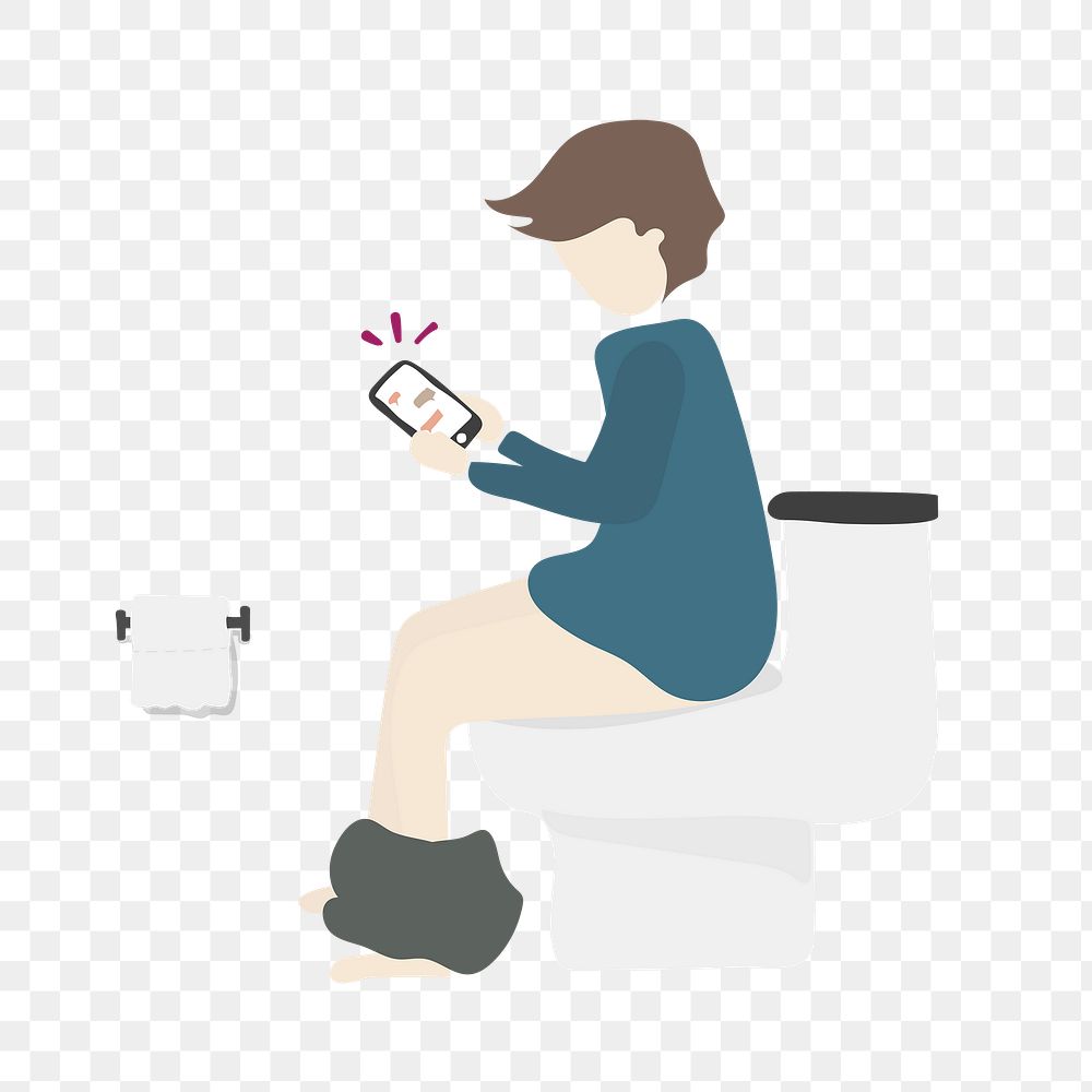 Man sitting on toilet png clipart, using smartphone,  cartoon illustration